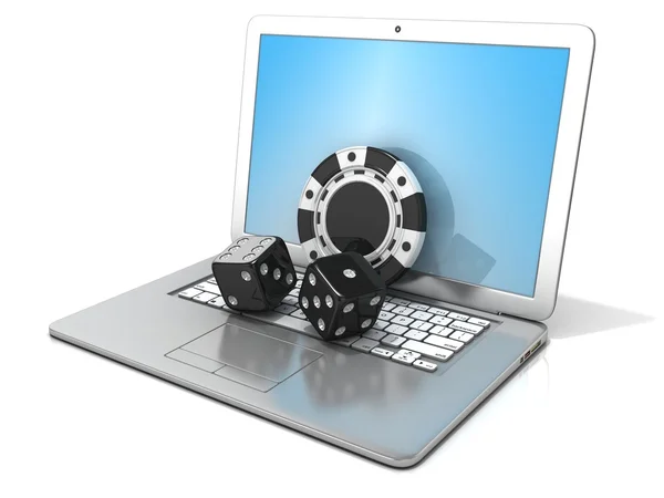 Laptop con dadi neri e chip. Rendering 3D - concetto di gioco d'azzardo online — Foto Stock