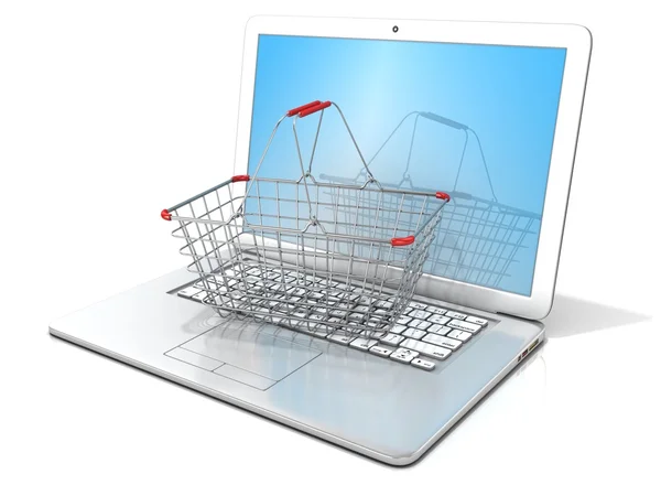 Laptop med stål varukorg. 3D-rendering - konceptet med online shopping — Stockfoto