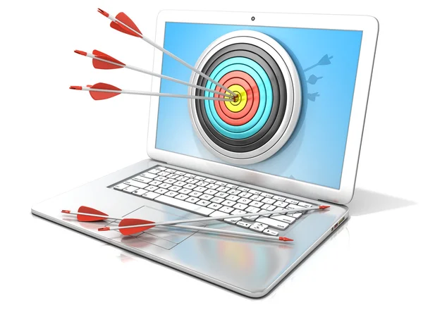 Laptop with archery target and red arrows in the center. 3D rendering - concept of search engine optimization - SEO — Stock Photo, Image