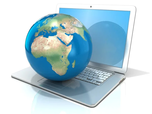 Ноутбук с иллюстрацией земной шар, Европа и Африка зрения. 3D рендеринг изолирован на белом фоне — стоковое фото