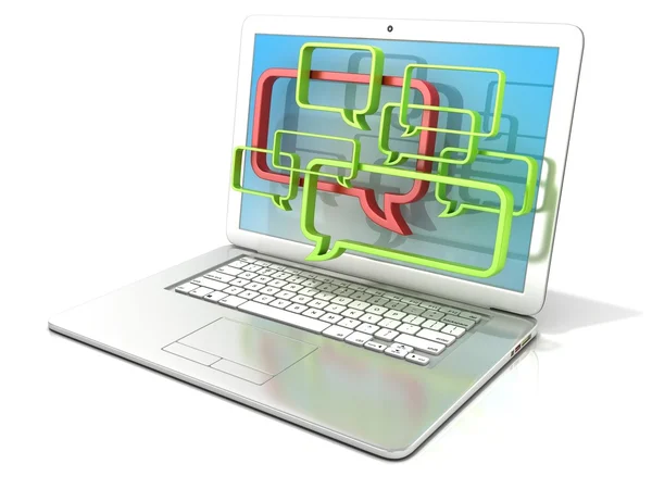 Laptop med pratbubblor. 3D-rendering - begreppet Internetkommunikation Bloggar och forum — Stockfoto
