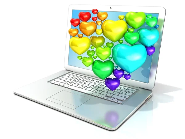 Kalp ile laptop kalplerin küme şeklinde. 3D render — Stok fotoğraf