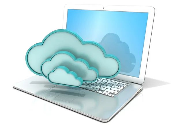 Laptop with clouds 3D computer icon. 3D rendering - concept of cloud computing — Stock Photo, Image