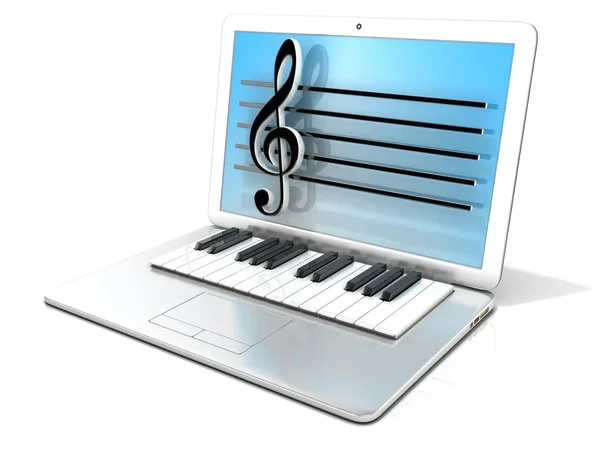 Laptop med piano keyboard. 3D-rendering - begreppet dator, genererade digitalt musik — Stockfoto