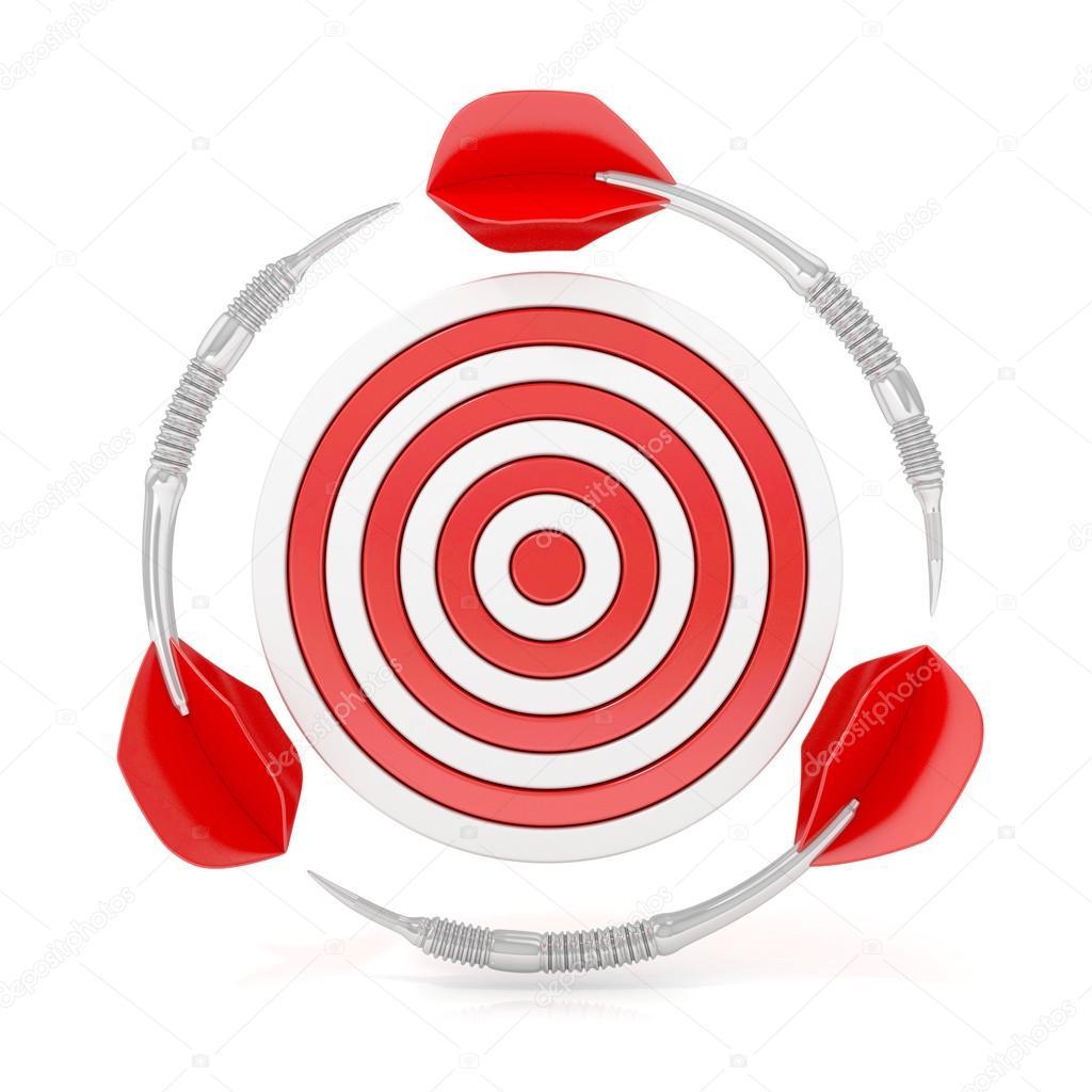 Darts surround a target, 3d model Isolated on white background, front view