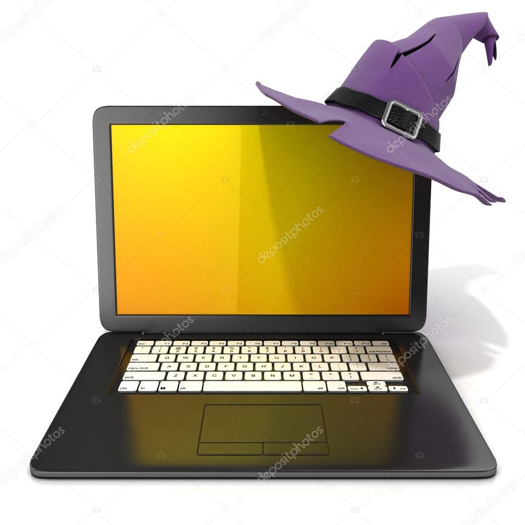 3D rendering of a open black laptop with Halloween colored screen and purple witch hat, with black belt. Front view