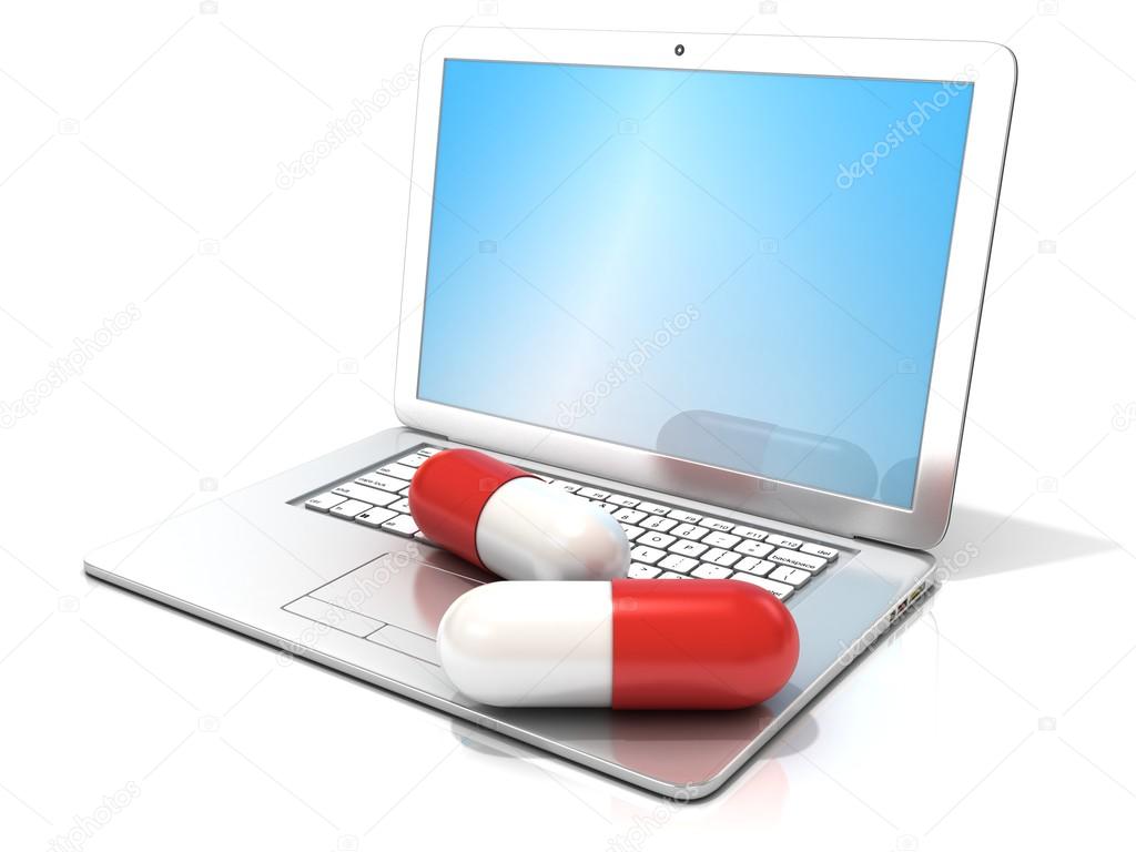 Laptop with two red pills. 3D rendering - the concept of health care, diagnosis and repair of computers