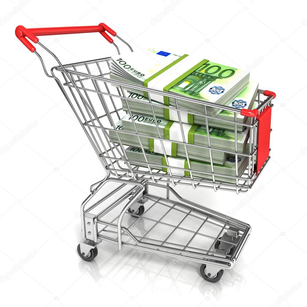 Money, euro cash banknote, in trolley shopping cart