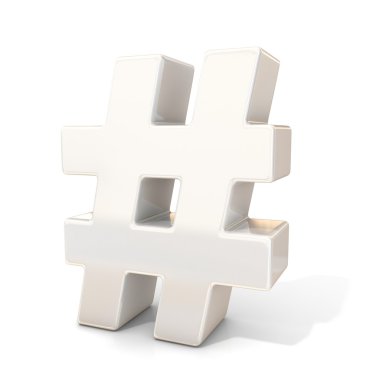 Hashtag, sayı işareti 3d beyaz işareti beyaz arka plan üzerinde izole
