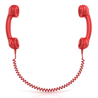 Kırmızı eski moda telefon cep telefonları üzerinde izole beyaz arka plan, ön görünüm bağlı