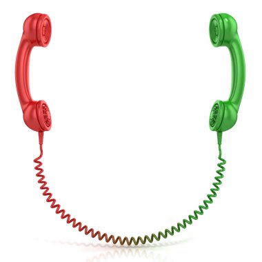 Acil aramalar, önden görünüm için beyaz bir kavram üzerinde izole kırmızı ve yeşil eski moda telefon cep telefonu