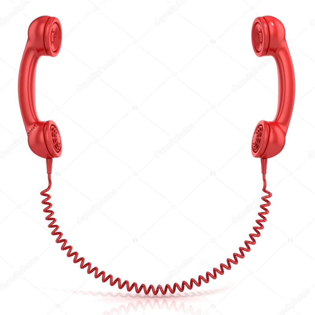 Red old fashion phone handsets connected isolated on white background, front view