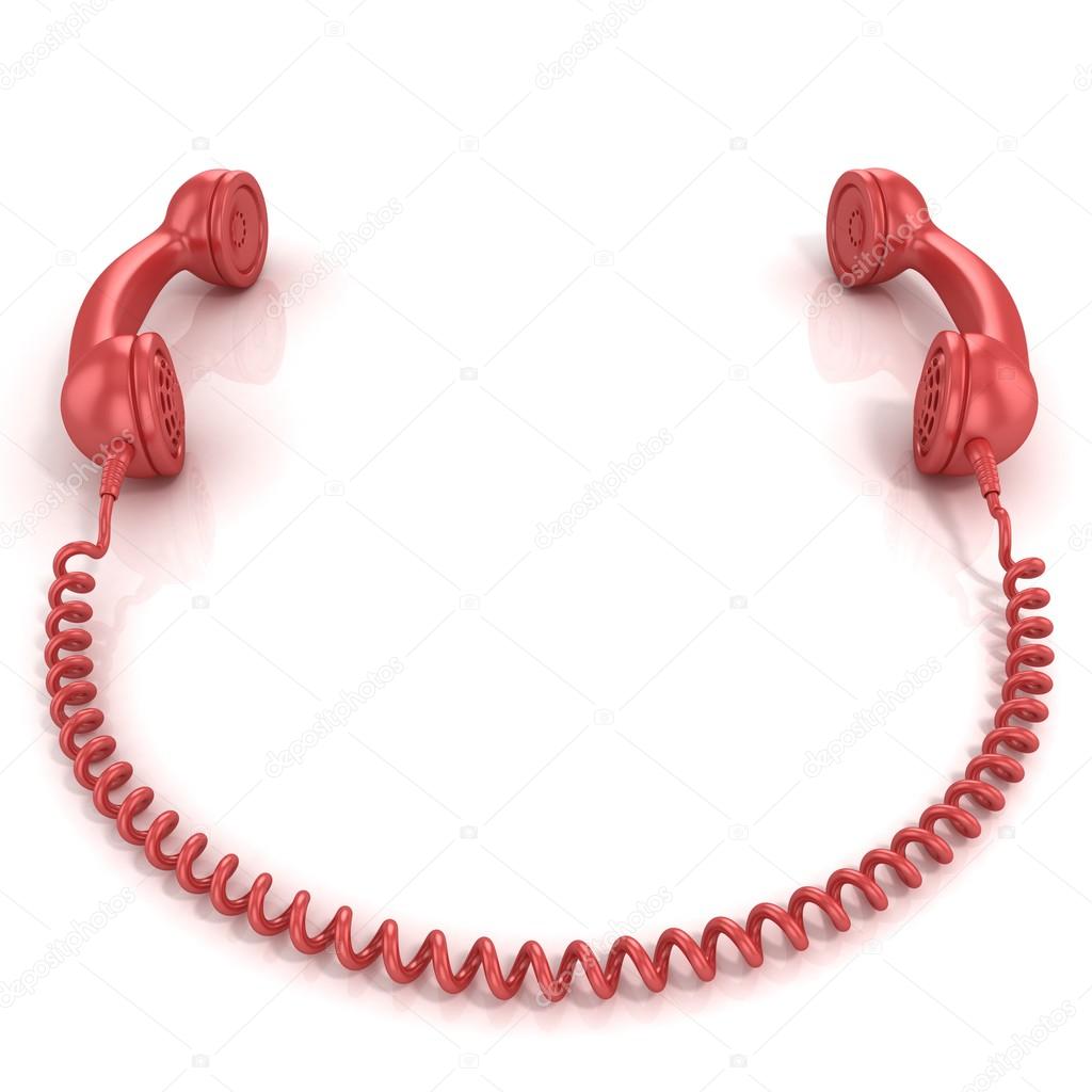 Red old fashion phone handsets connected isolated on white background