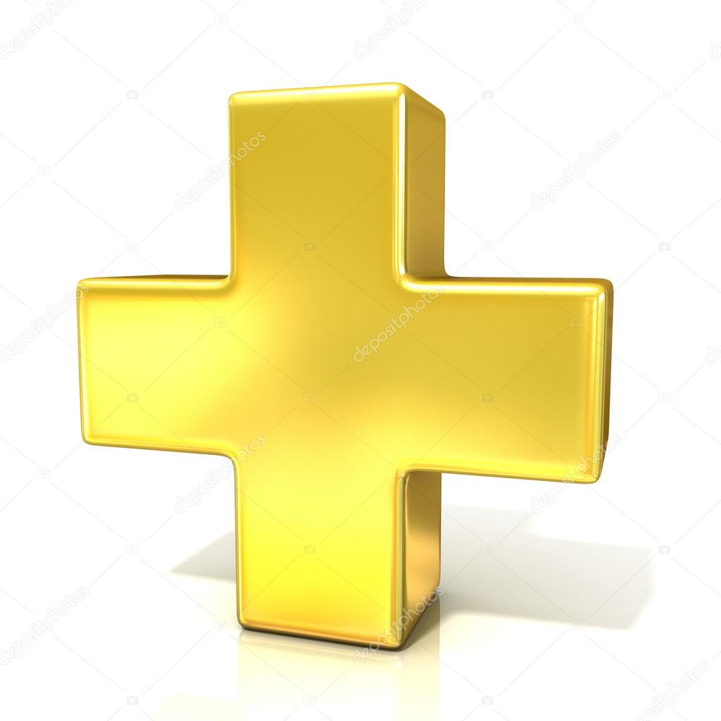 Plus sign, 3d golden sign isolated on white background