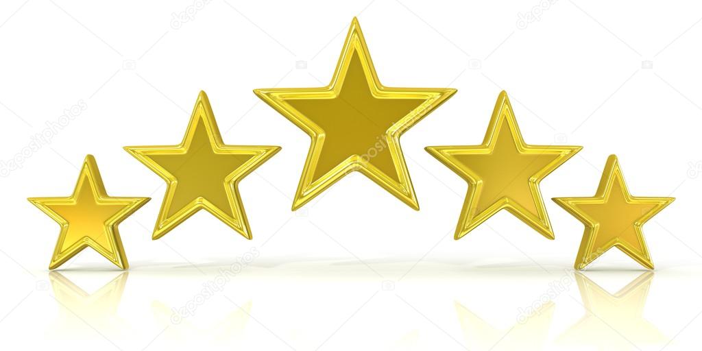 3D rendering of five gold stars isolated on white