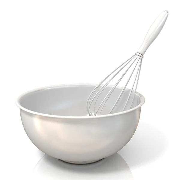 Bowl cu un whisk de sârmă, izolat pe alb — Fotografie, imagine de stoc