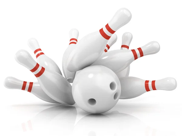 Bowling bal en verspreide pin, geïsoleerd op witte achtergrond — Stockfoto