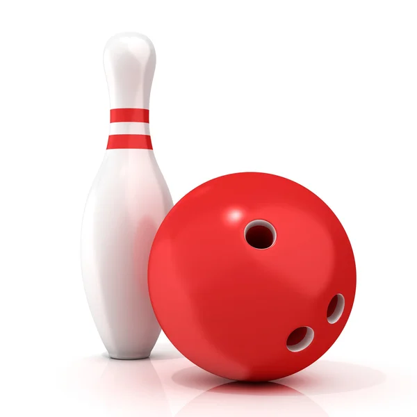 Bola de boliche e alfinete com listras vermelhas isoladas no fundo branco — Fotografia de Stock