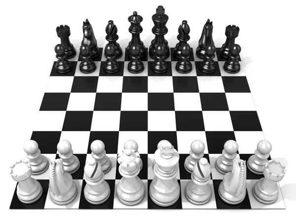 Chess Board with all chess pieces, isolated on white background. Side view — Stock Photo, Image