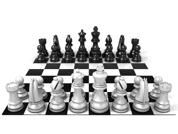 Schachbrett mit allen Schachfiguren, isoliert auf weißem Hintergrund. Frontansicht — Stockfoto
