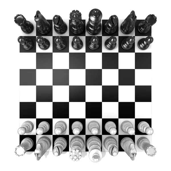 Schaakbord met alle schaakstukken, geïsoleerd op een witte achtergrond. Bovenaanzicht — Stockfoto