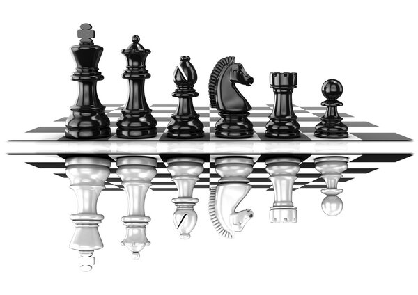 Chess black and white pieces, standing on board, mirrored. Isolated on white background