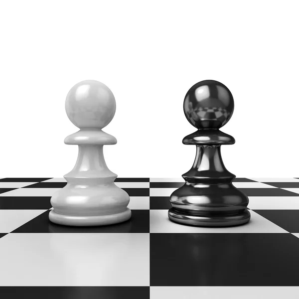 Dwa szachy Pionki, czarno-białe figury na pokładzie — Zdjęcie stockowe
