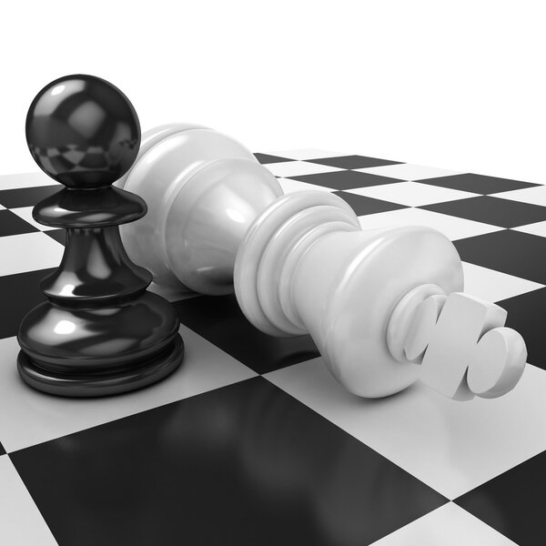 Белая пешка, стоящая над падшим черным королем, изолированная на белой шахматной доске
