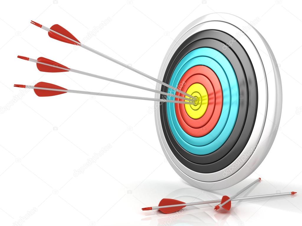 Archery target with red arrows in the center, isolated on white background. Side view