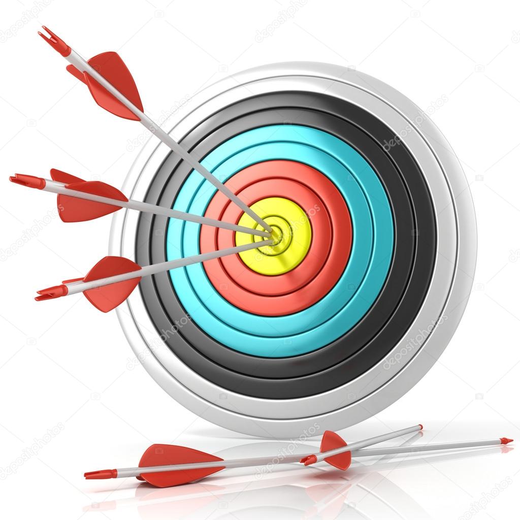 Archery target with red arrows in the center, isolated on white background. Front view