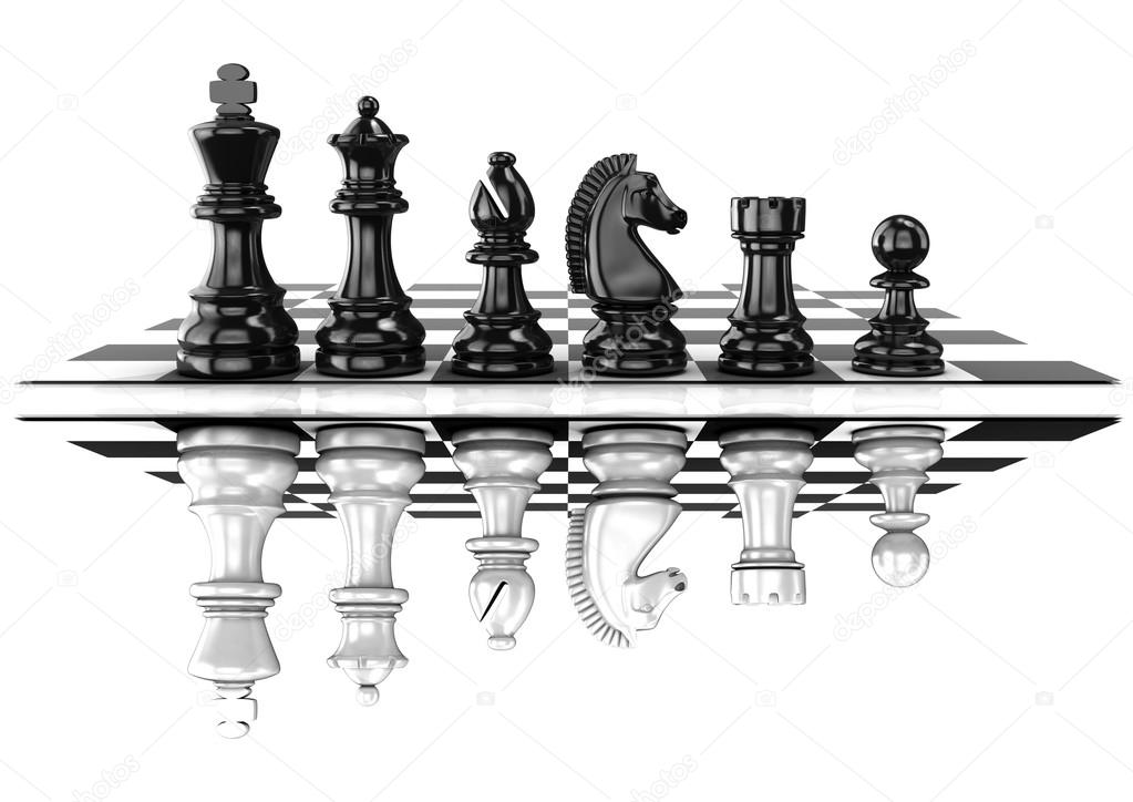Chess black and white pieces, standing on board, mirrored. Isolated on white background