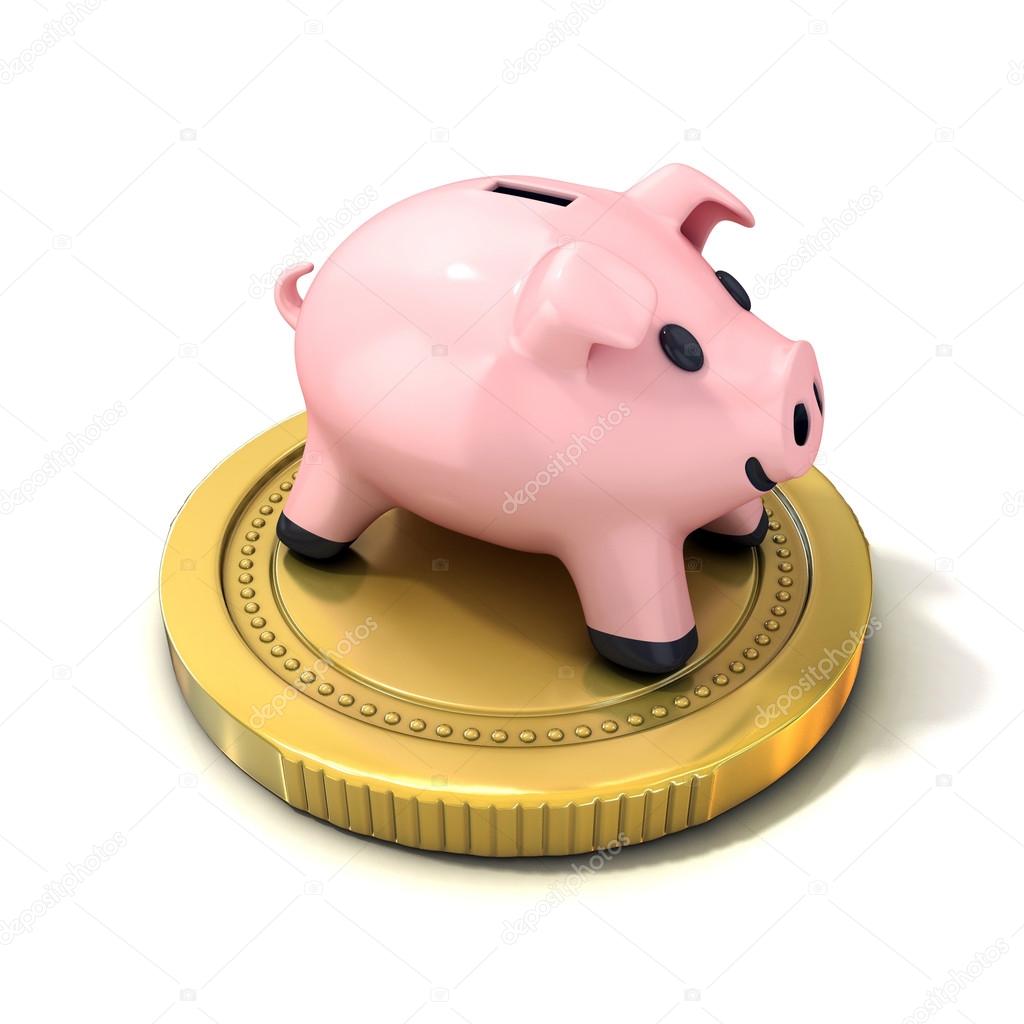 Piggy bank money box standing on gold coin. Isolated on a white background