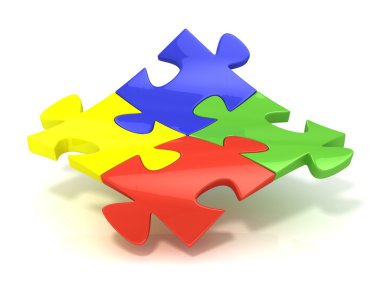 Dört renkli jigsaw puzzle parçaları bantlı. Beyaz bir arka plan üzerinde izole