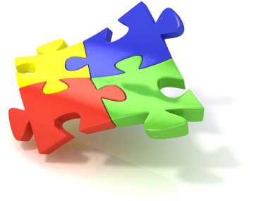 Dört renkli jigsaw puzzle parçaları bantlı. Beyaz bir arka plan üzerinde izole