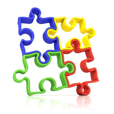 Dört renkli Seviyelendirilmiş jigsaw puzzle parçaları, bantlı. Beyaz bir arka plan üzerinde izole. Önden Görünüm