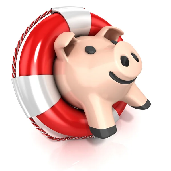 Piggy bank with lifebuoy. Isolated on white. Side view — Stock Photo, Image