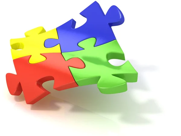 Vier bunte Puzzleteile miteinander verbunden. isoliert auf weißem Hintergrund — Stockfoto