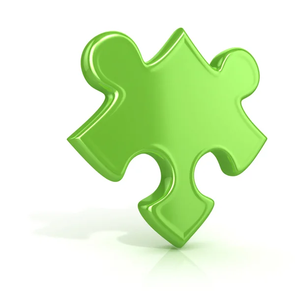 Single, green, standing jigsaw puzzle piece. 3D render icon isolated on white background. Unusual angle — Stock Photo, Image