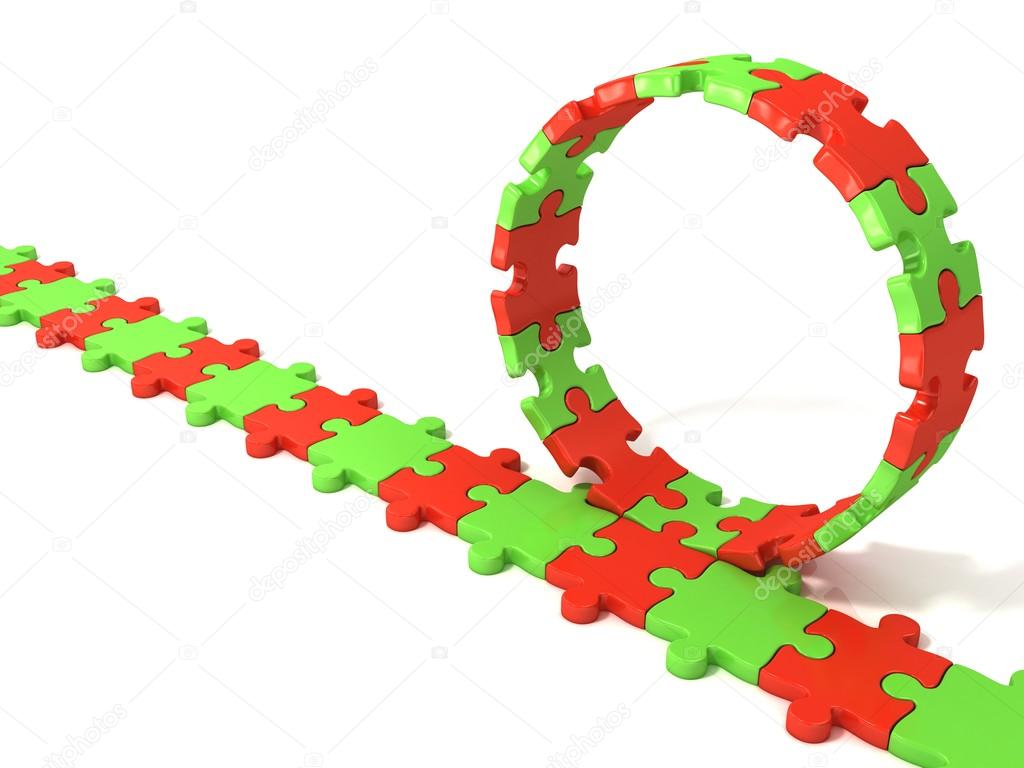 Puzzle ring rotating over puzzle chain, isolated on white background
