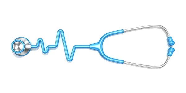 Estetoscopio azul en forma de electrocardiograma línea ECG, ilustración de renderizado 3D, aislado sobre un fondo blanco. Vista superior —  Fotos de Stock