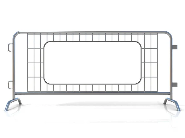 Barricate in acciaio, isolate su fondo bianco. Vista frontale, con cartello — Foto Stock