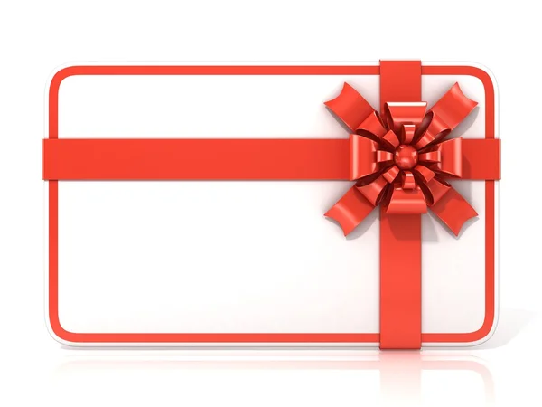 Tarjeta blanca de regalo en blanco, con cinta roja. Ilustración de renderizado 3D aislada en blanco. Vista frontal —  Fotos de Stock