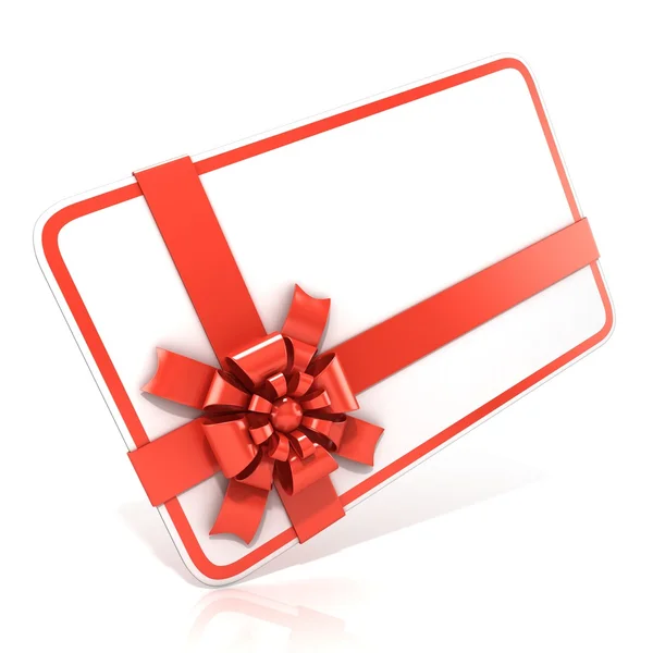 Tarjeta blanca de regalo en blanco, con cinta roja. Ilustración de renderizado 3D aislada en blanco. Vista lateral en ángulo —  Fotos de Stock