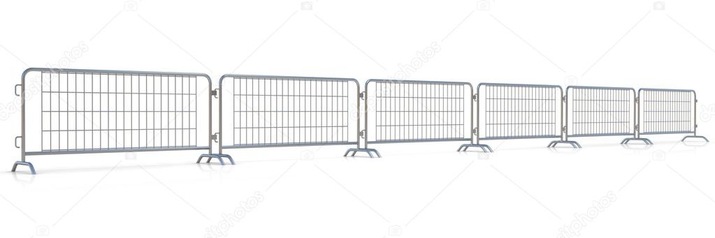 Steel barricades row, isolated on white background. Front view