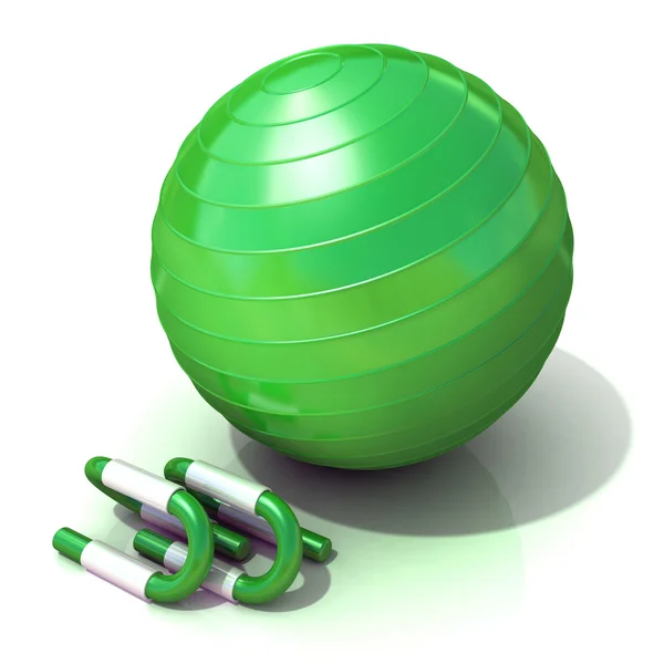 Grüner Fitnessball und Liegestütz, isoliert auf weiß — Stockfoto