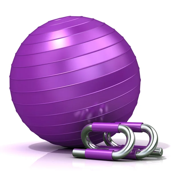 Bola de fitness violeta e barras push-up, isoladas em branco — Fotografia de Stock