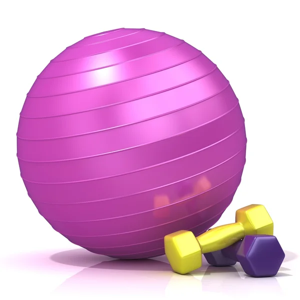 Violet fitness bal en gewichten, geïsoleerd op wit — Stockfoto