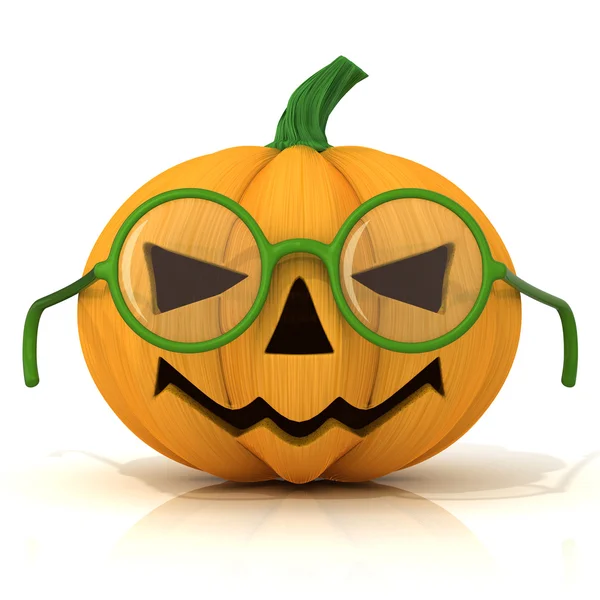 Funny Jack O Lantern. Halloween pumpkin with green glasses, isolated on white. Front — Stock Photo, Image