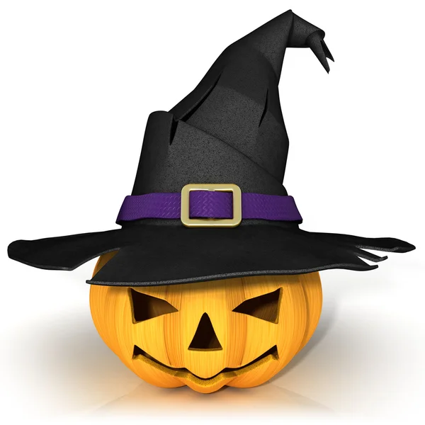 Qué gracioso Jack O Linterna. Calabaza de Halloween, con sombrero de bruja —  Fotos de Stock