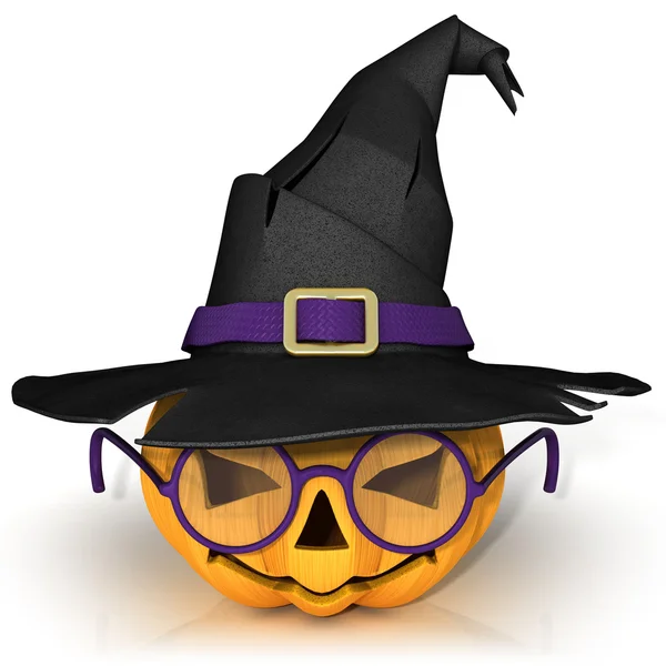 Qué gracioso Jack O Linterna. Calabaza de Halloween con gafas moradas, con sombrero de bruja — Foto de Stock